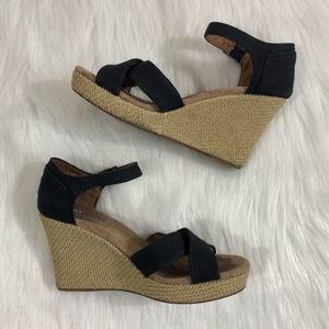 TOMS Ankle Strap High Wedges Peep Toe Black Canvas